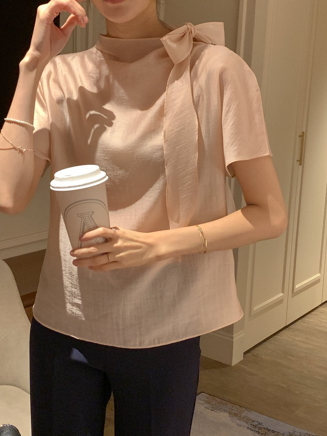 Tie Mock-Neck Blouse