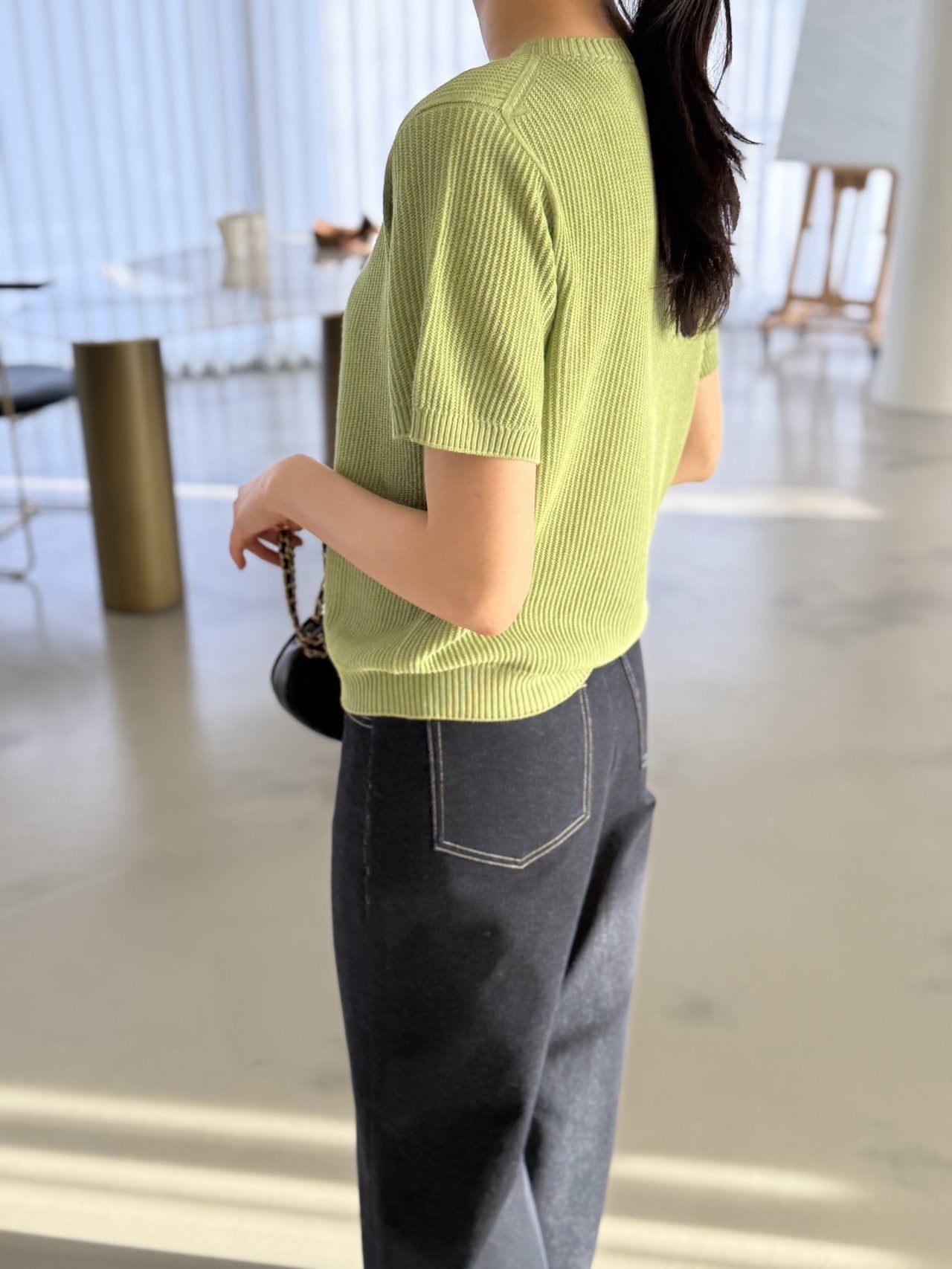Textured Semi-Crop Knit (Short Sleeve) - Avocado