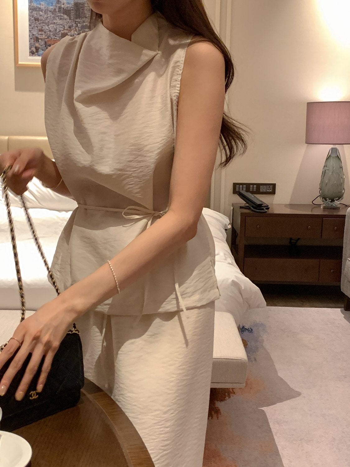 Cowl-Neck Shirring Sleeveless Blouse