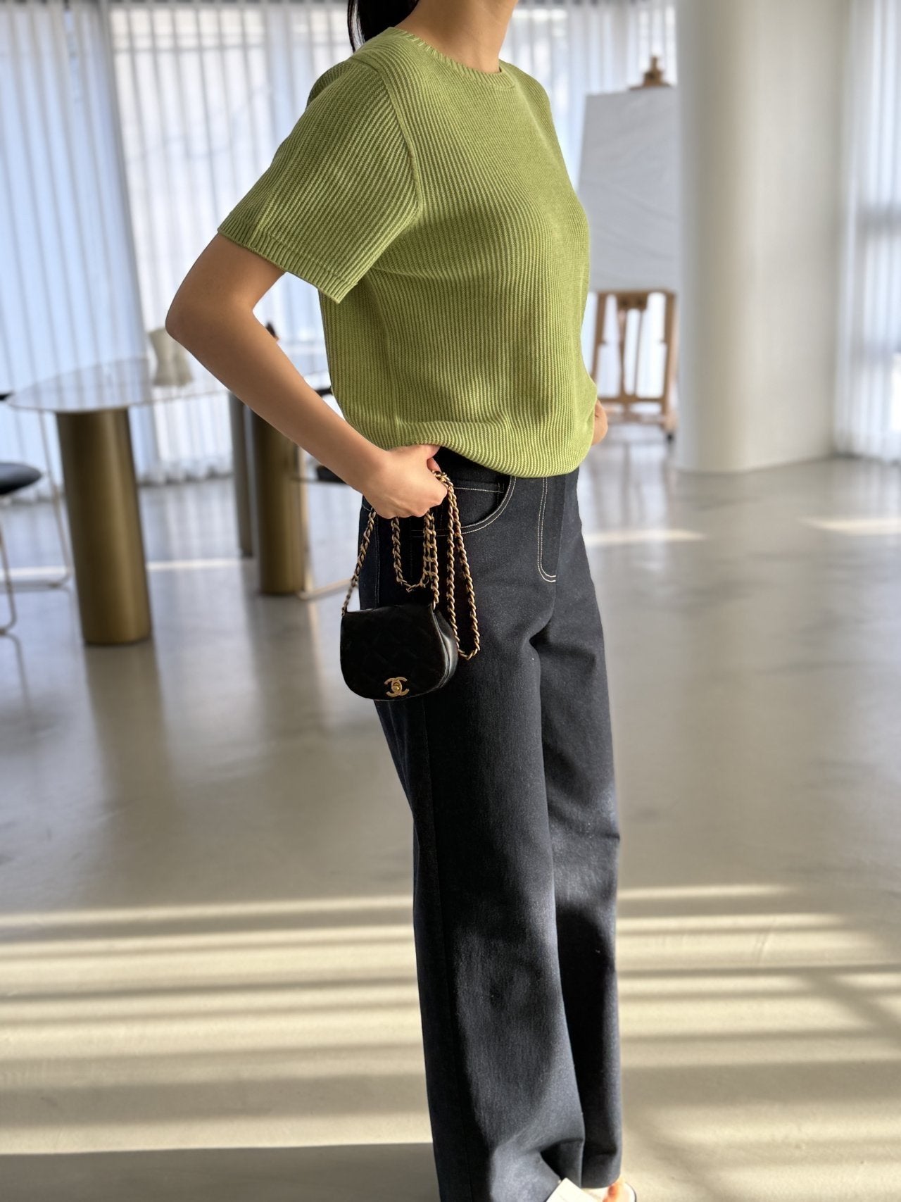 Textured Semi-Crop Knit (Short Sleeve) - Avocado