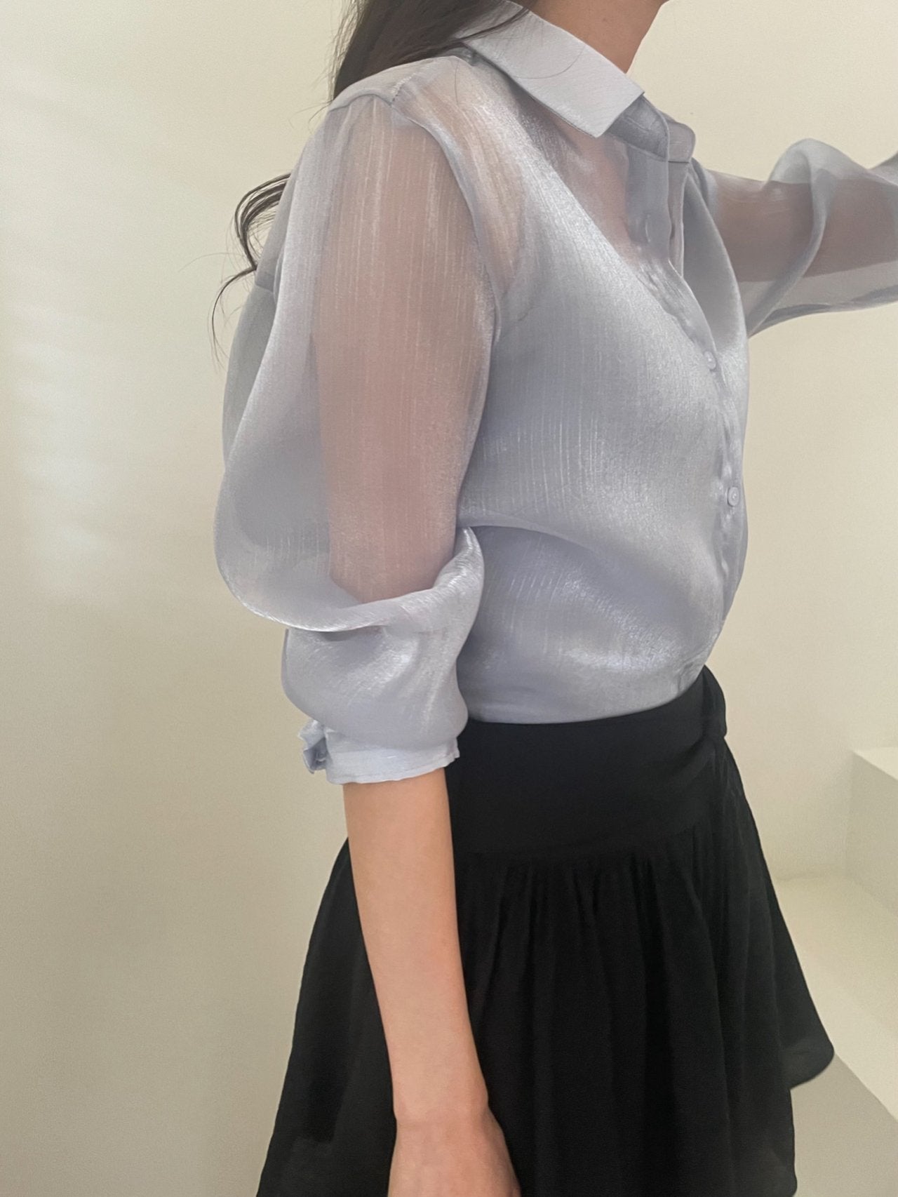 Luxury Organza Sheer Blouse – Sky Blue · White · Peach Pink