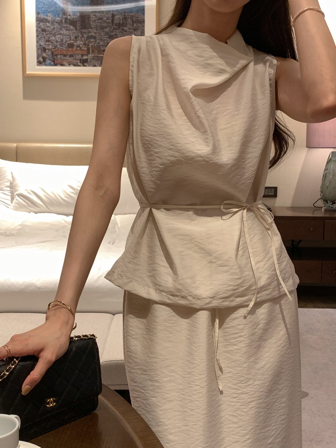 Cowl-Neck Shirring Sleeveless Blouse