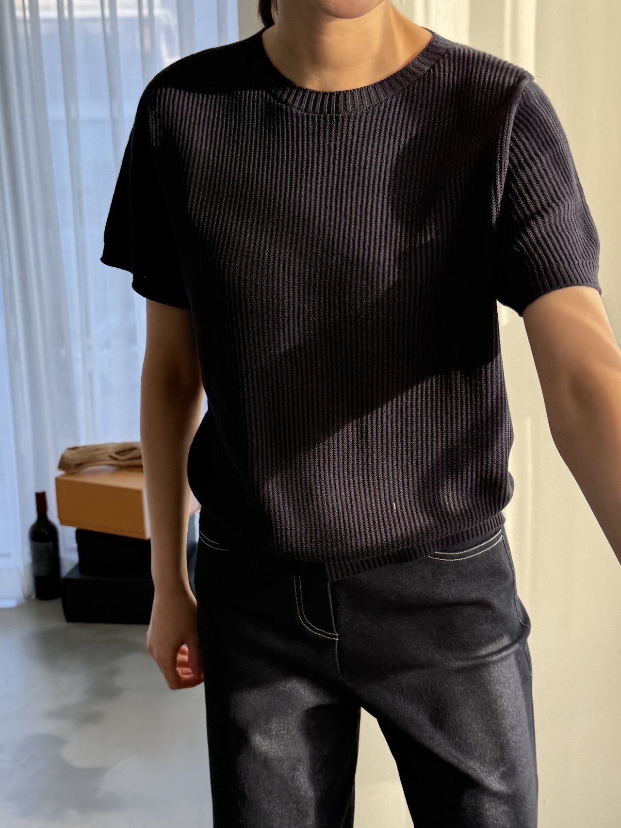 Textured Semi-Crop Knit (Short Sleeve) - Deep Navy