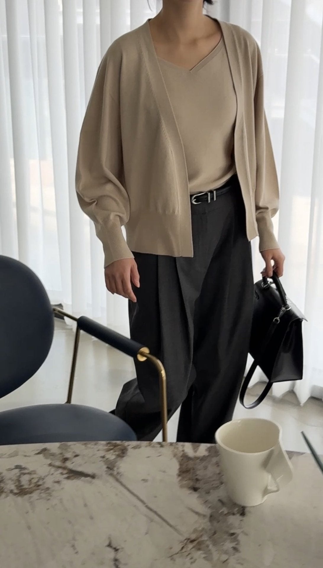 Signature Heart-Neck Cami & Cardigan Set - Beige