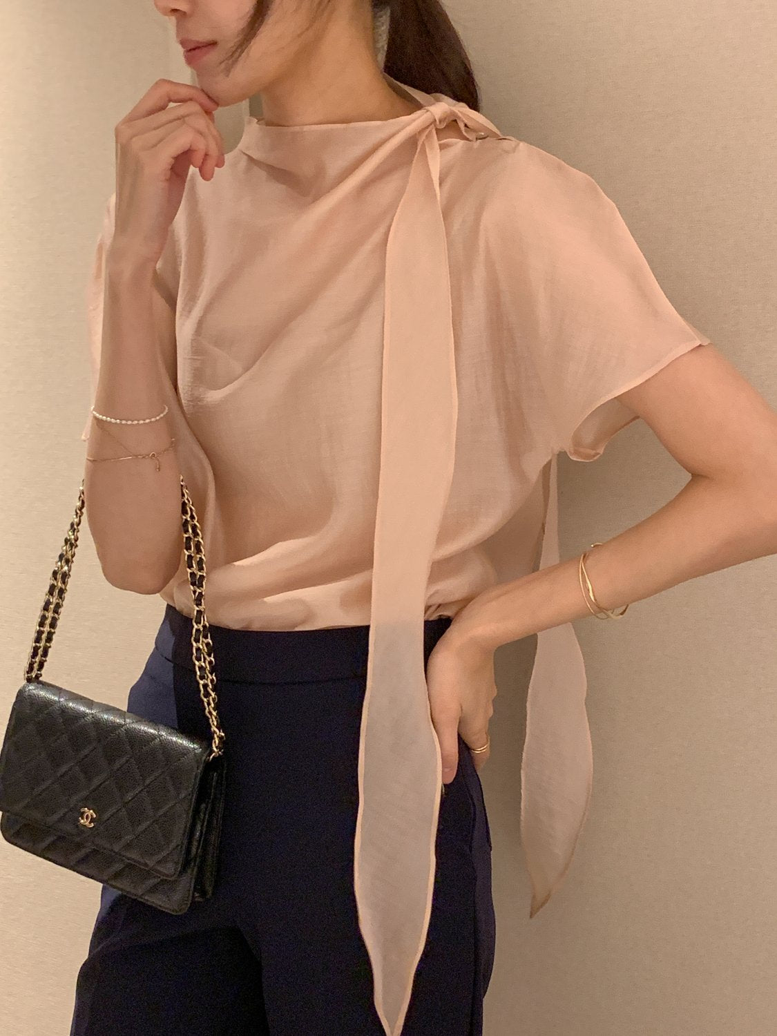 Tie Mock-Neck Blouse