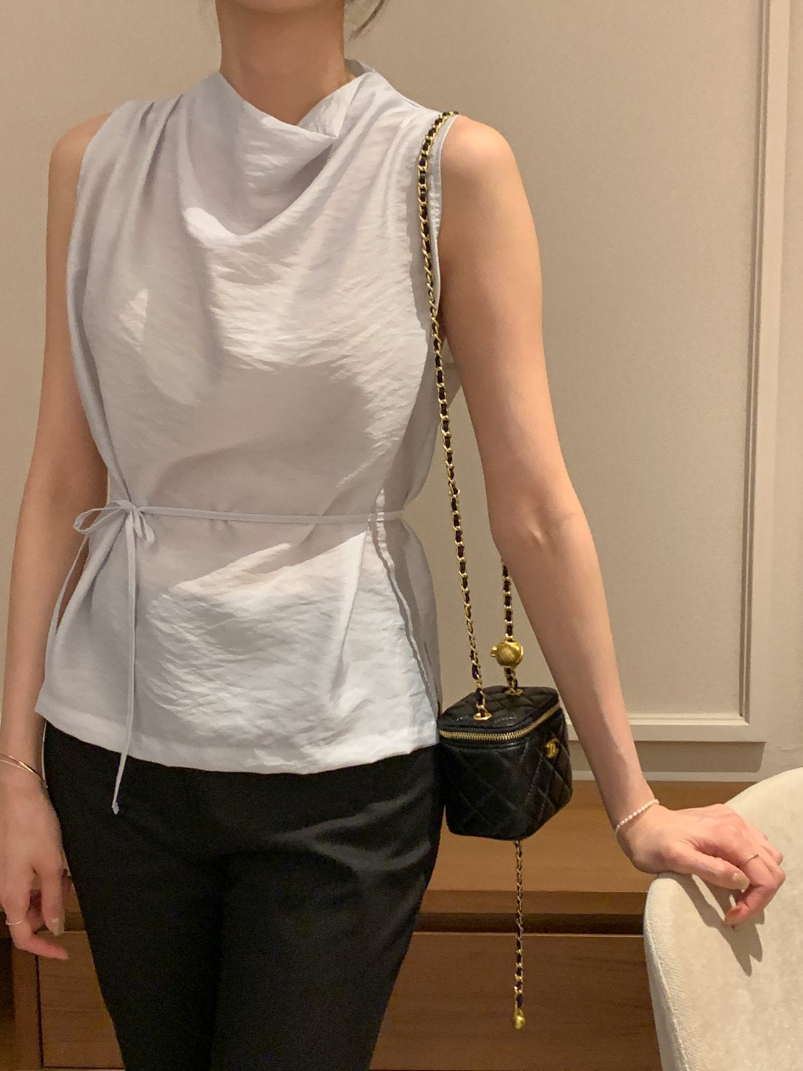 Cowl-Neck Shirring Sleeveless Blouse