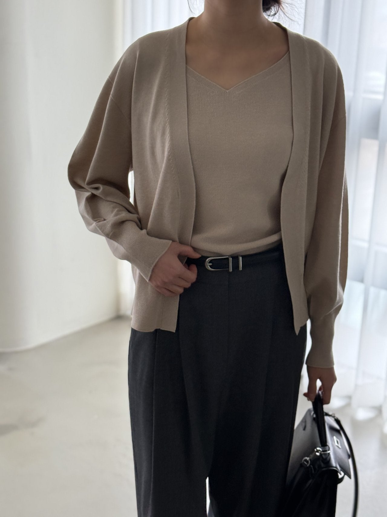 Signature Heart-Neck Cami & Cardigan Set - Beige