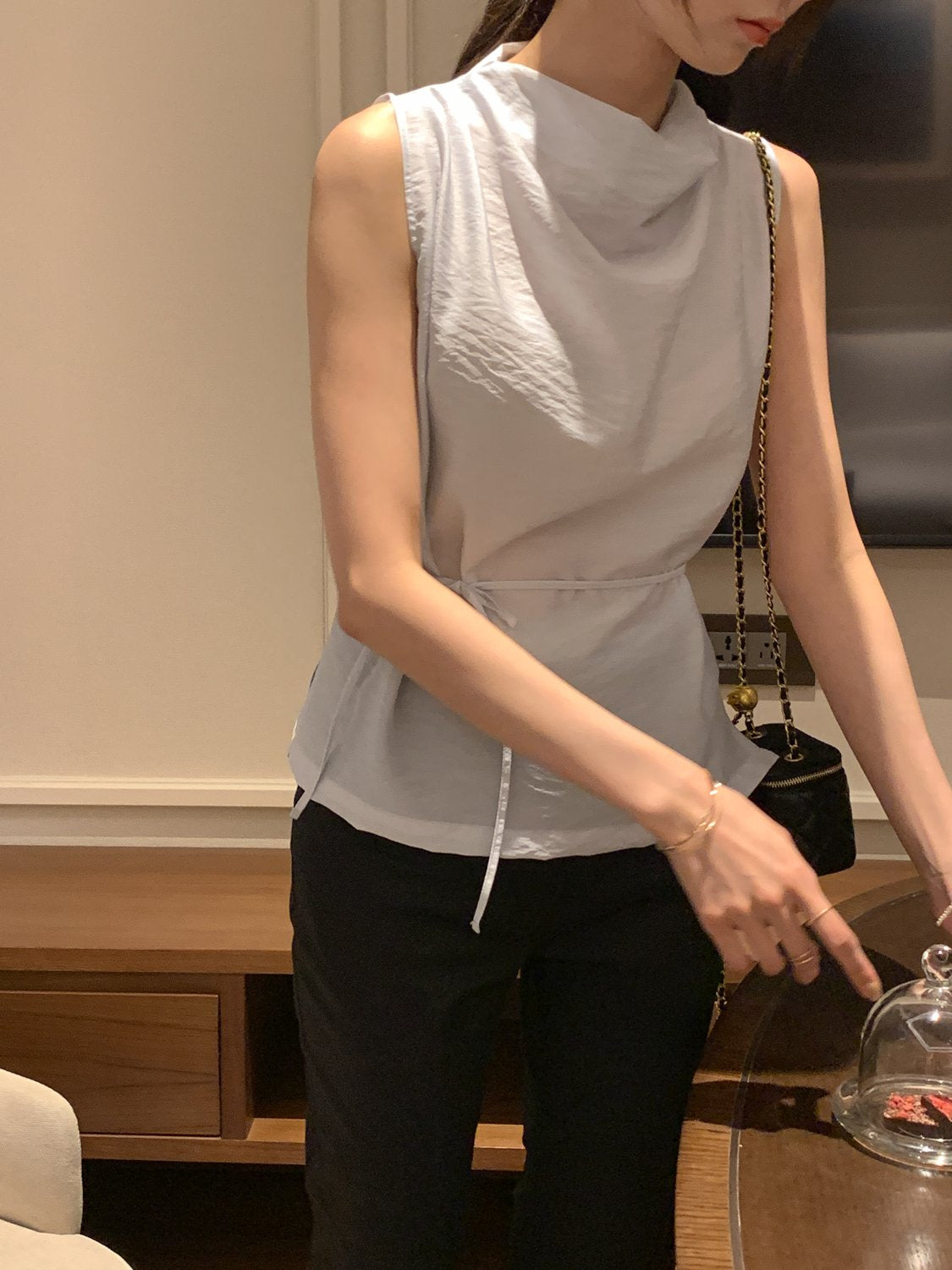 Cowl-Neck Shirring Sleeveless Blouse