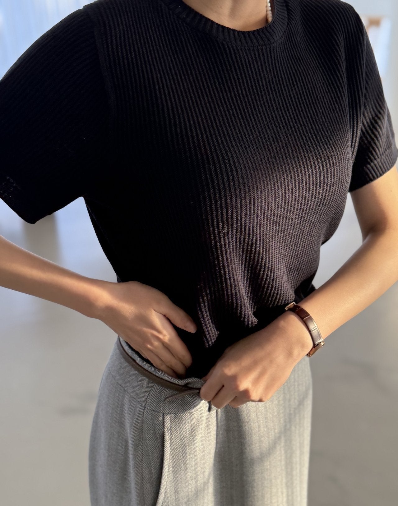 Textured Semi-Crop Knit (Short Sleeve) - Deep Navy