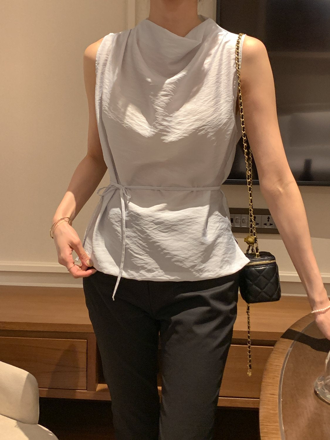 Cowl-Neck Shirring Sleeveless Blouse