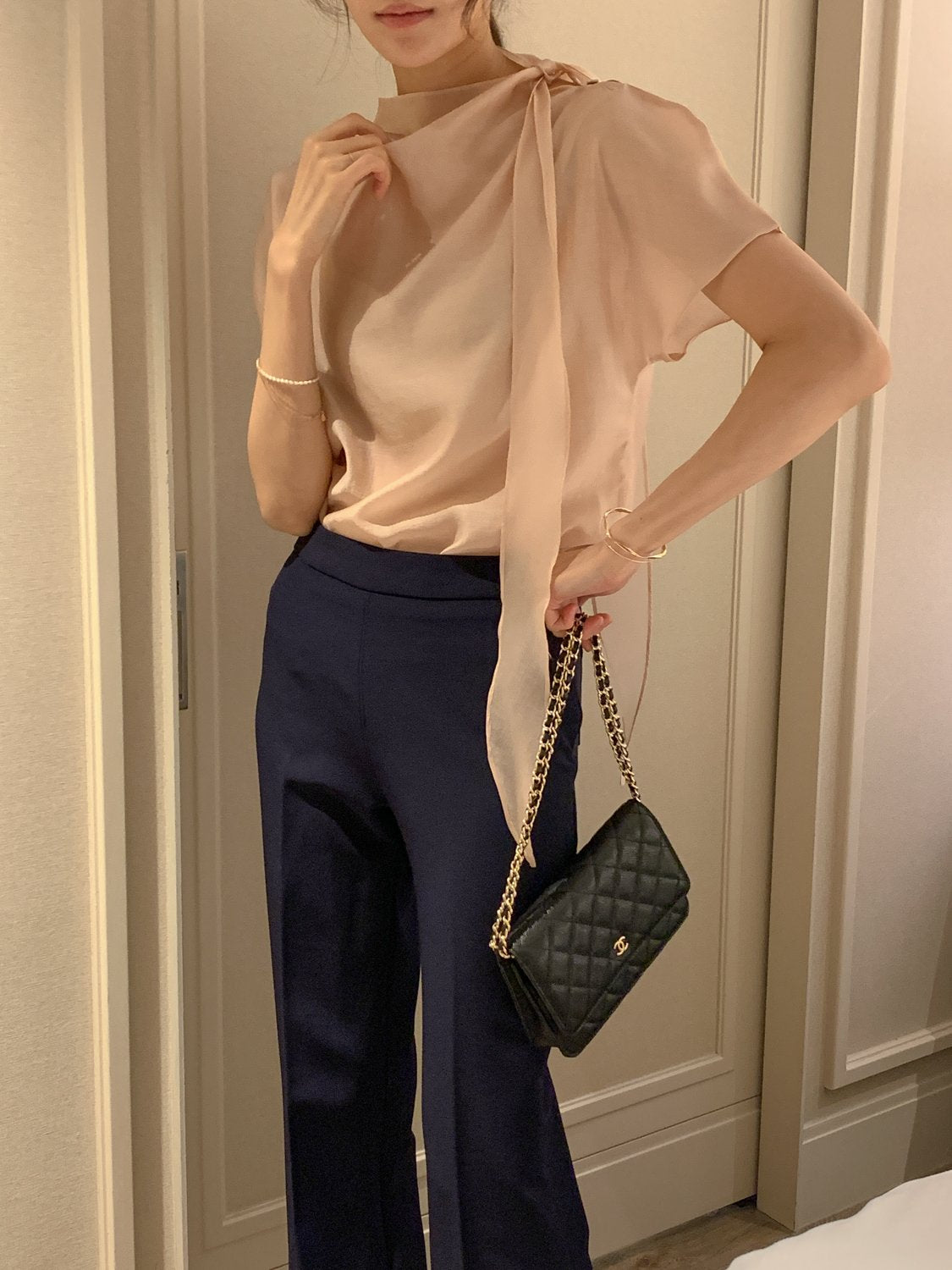 Tie Mock-Neck Blouse