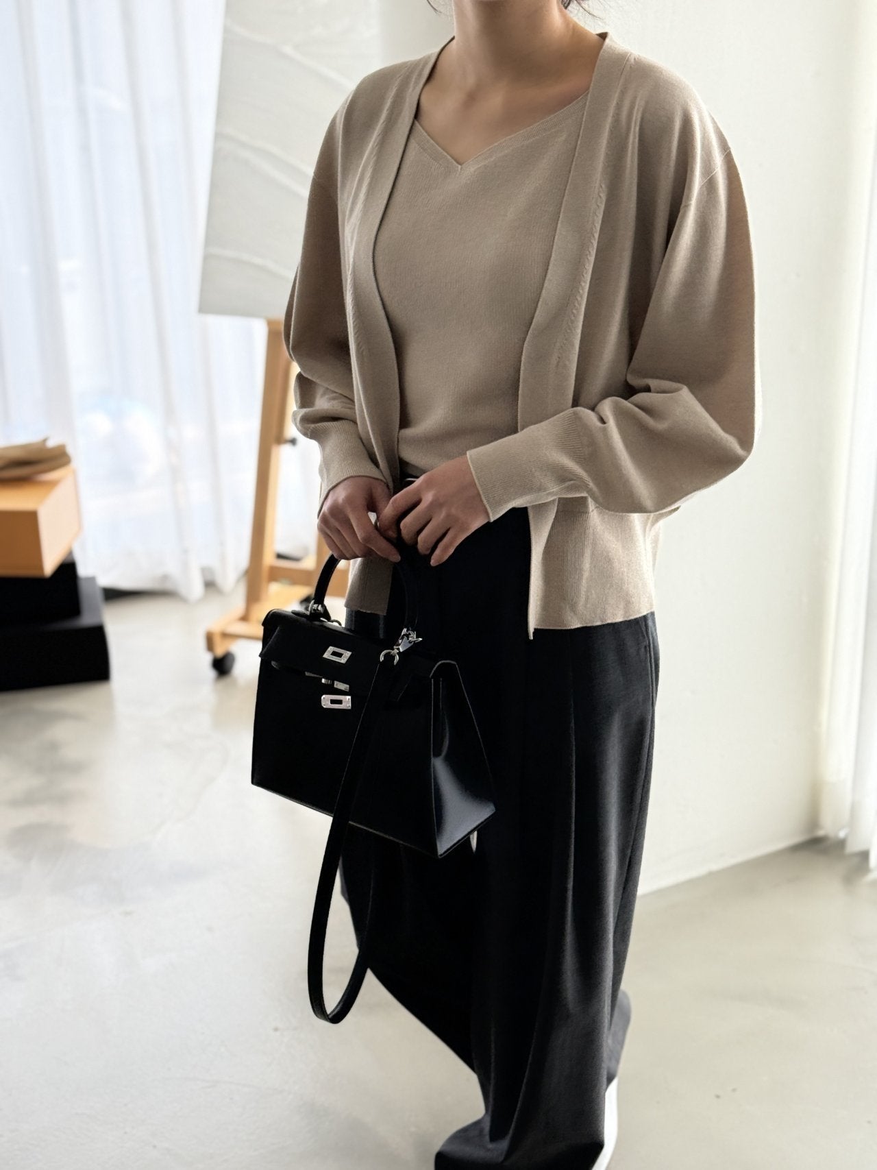 Signature Heart-Neck Cami & Cardigan Set - Beige