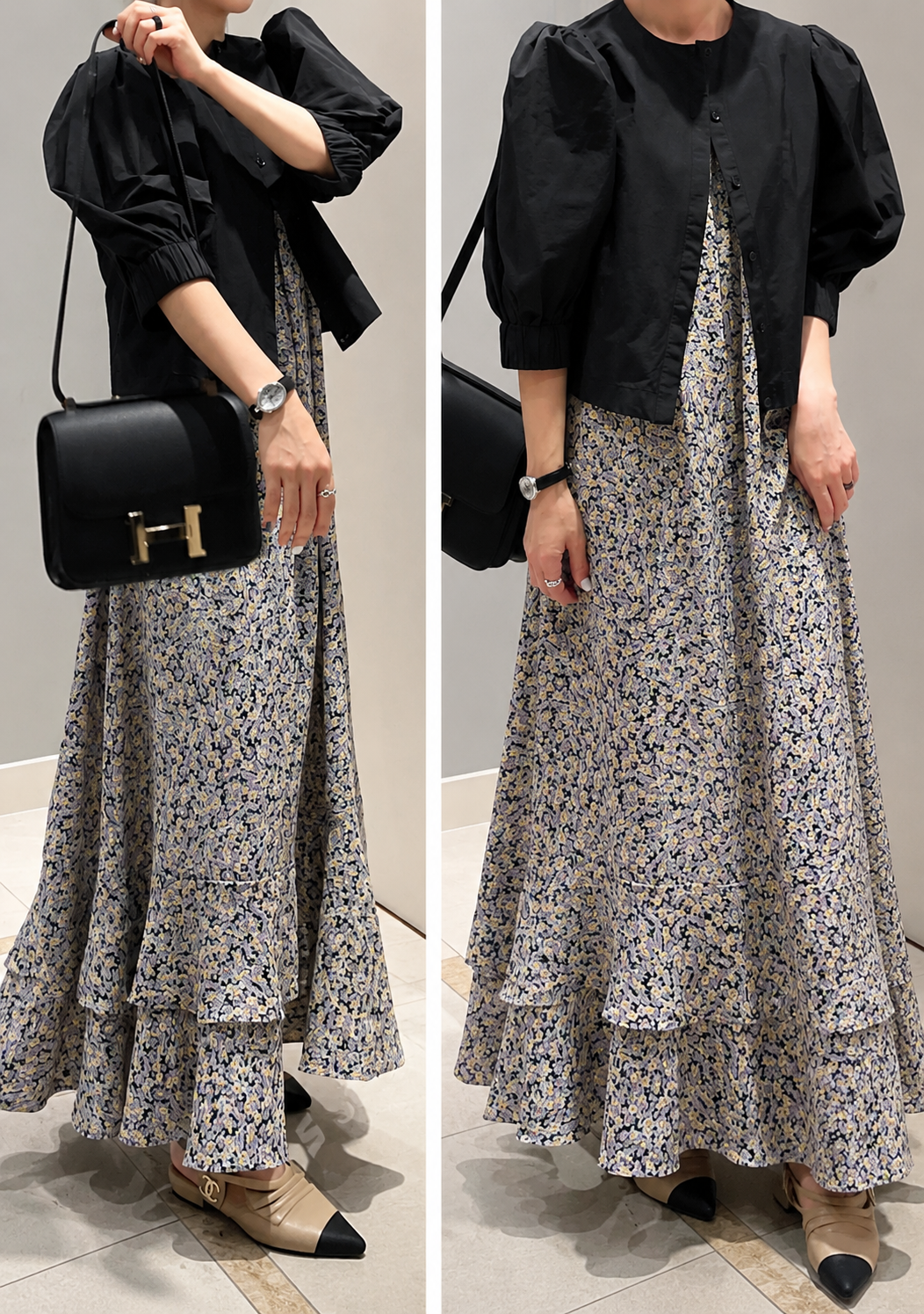Volume Puff Sleeve Semi-Cropped Blouse & Cardigan