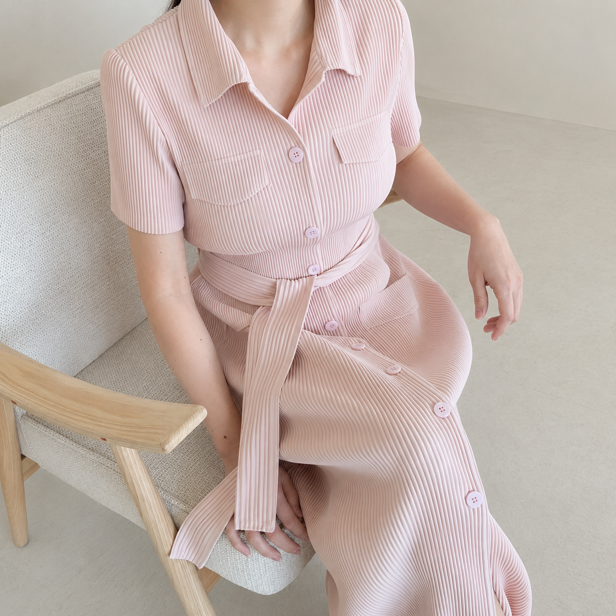 Pleated Short-Sleeve Pocket Dress