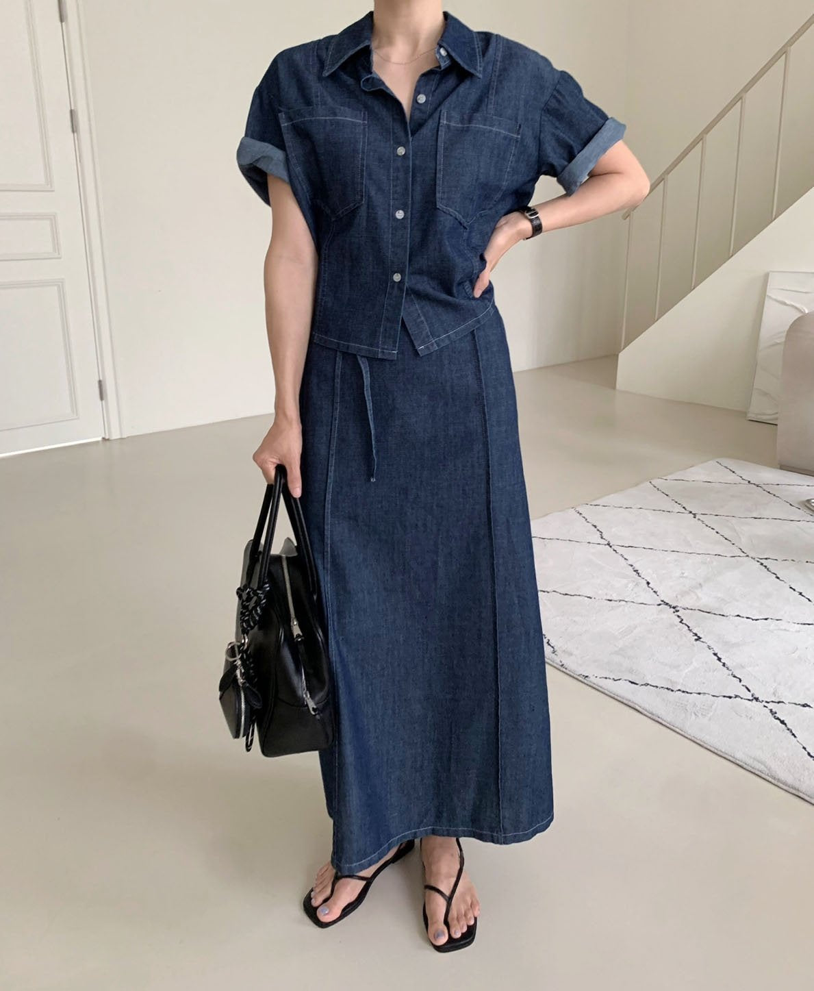 Short Sleeve Denim Shirt & Back-Band Denim Skirt set