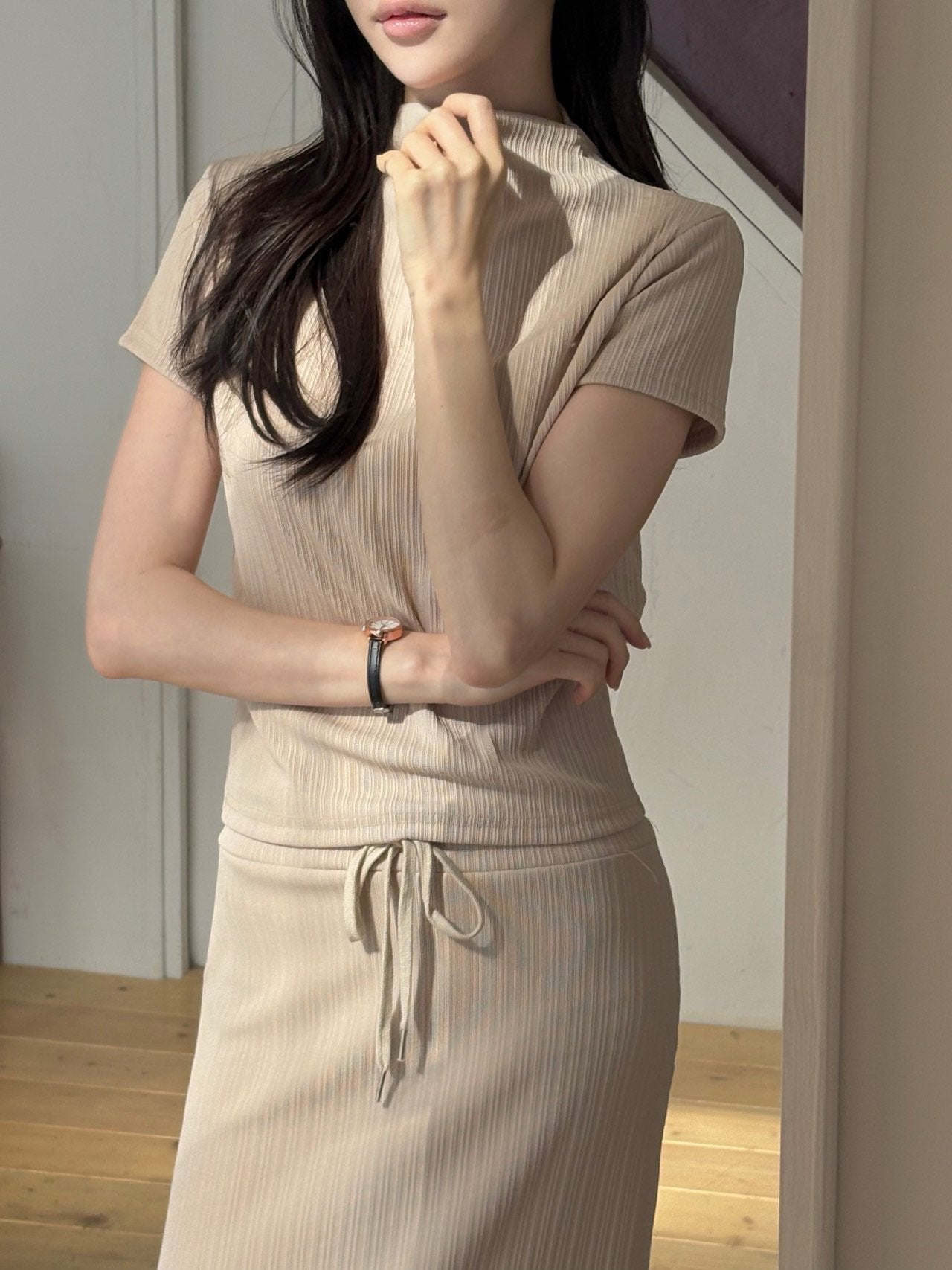Wrinkle-Textured Half-Sleeve Top & Long Skirt Set