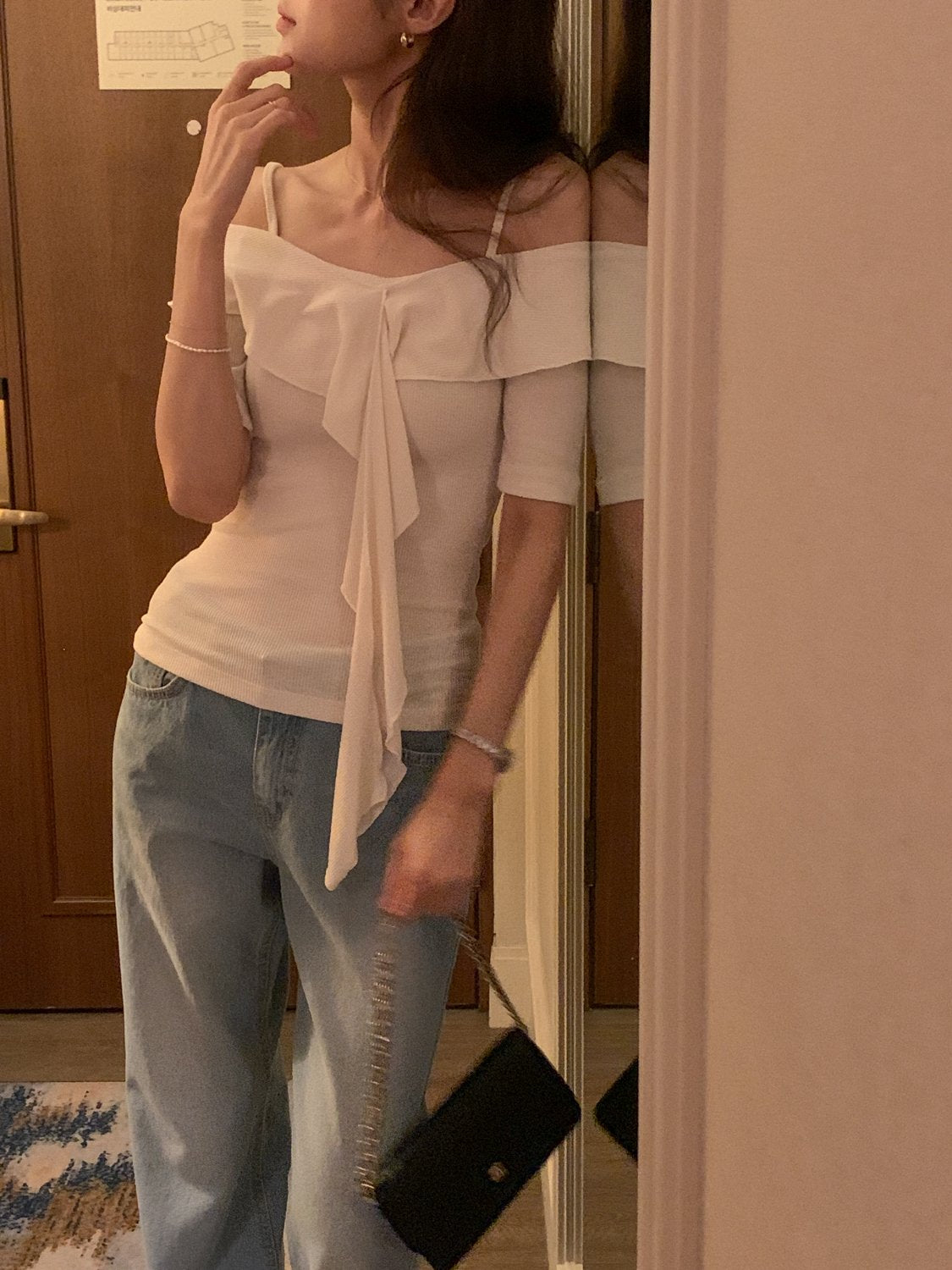 Frill Off the Shoulder Ribbed Tee