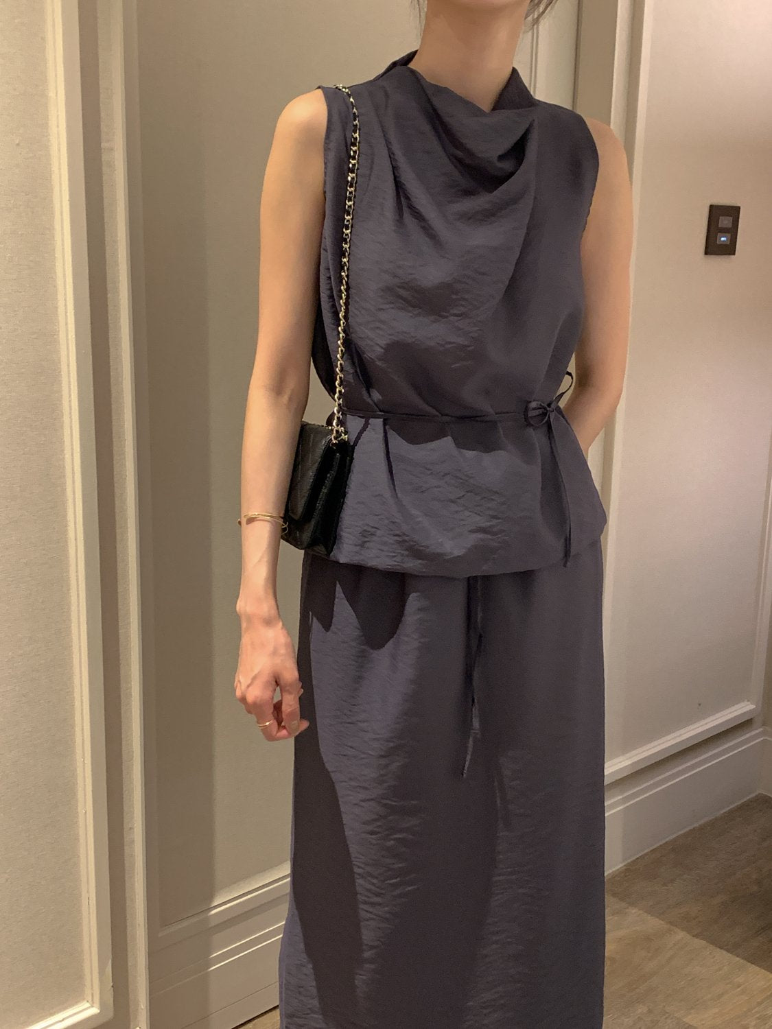 Cowl-Neck Shirring Sleeveless Blouse