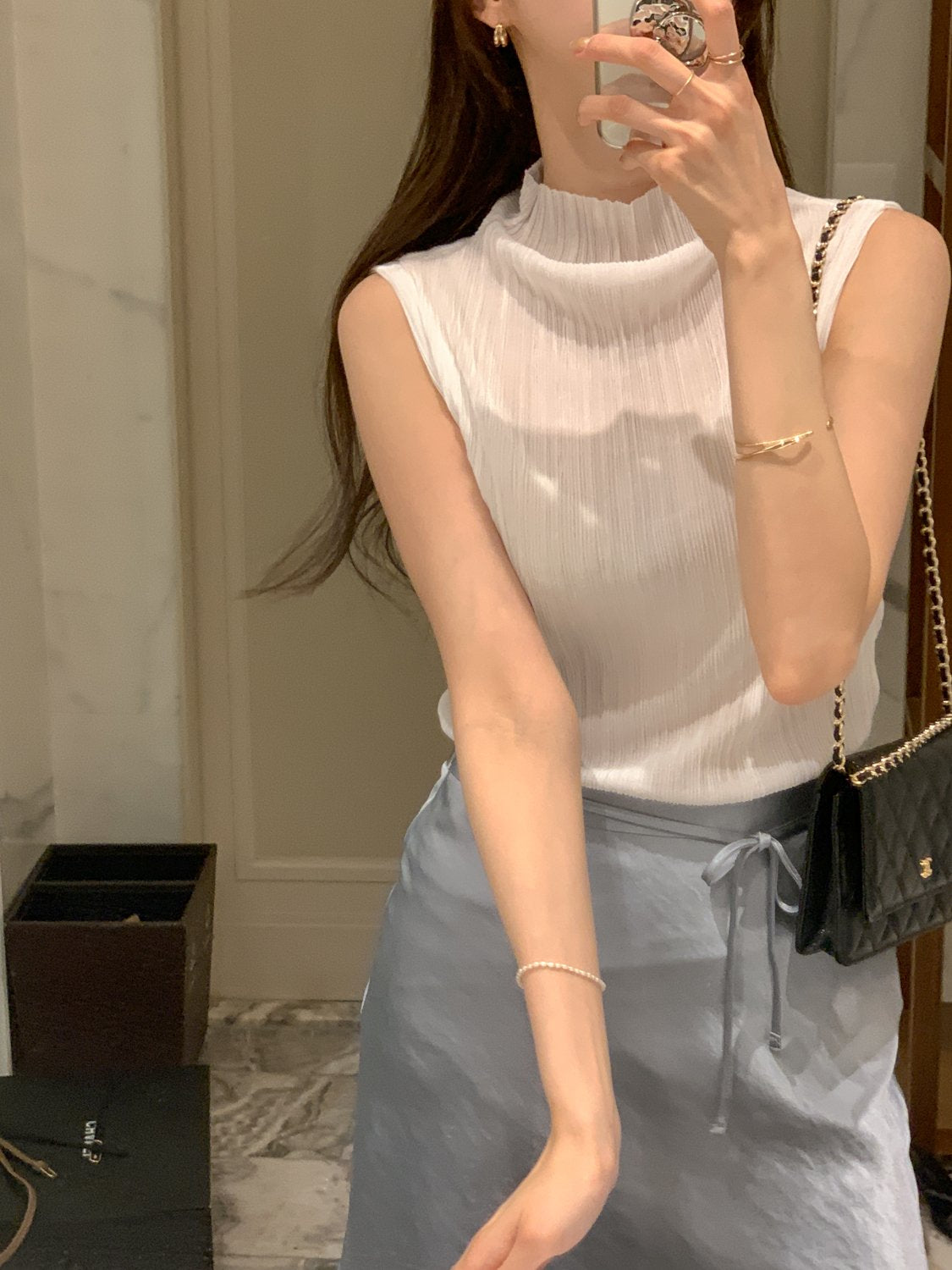 Pleated Mock-Neck Sleeveless Top