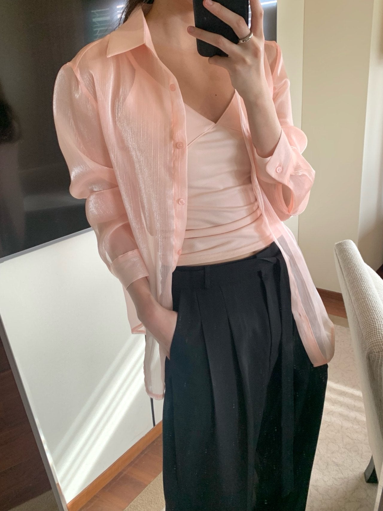 Luxury Organza Sheer Blouse – Sky Blue · White · Peach Pink