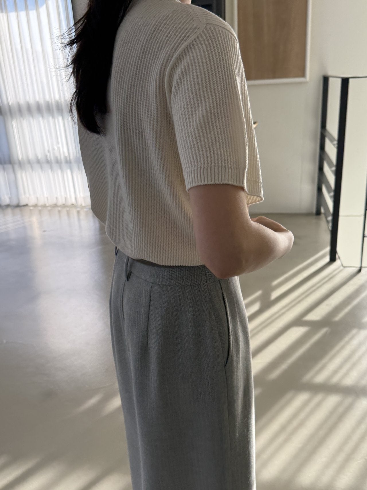 Textured Semi-Crop Knit (Short Sleeve) - Ivory