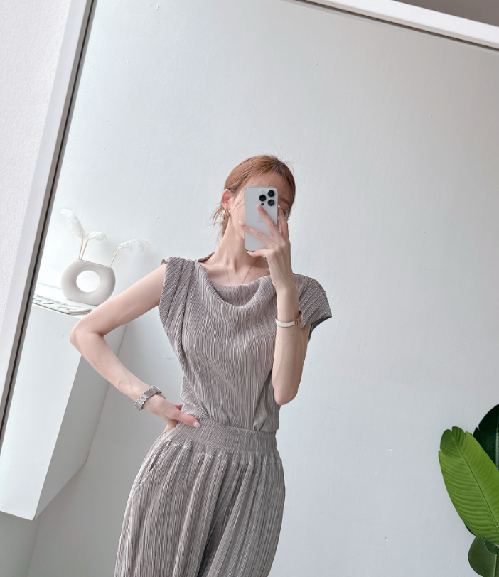 Pleated Off-Shoulder Cap Sleeve Top & Wide Pants Set