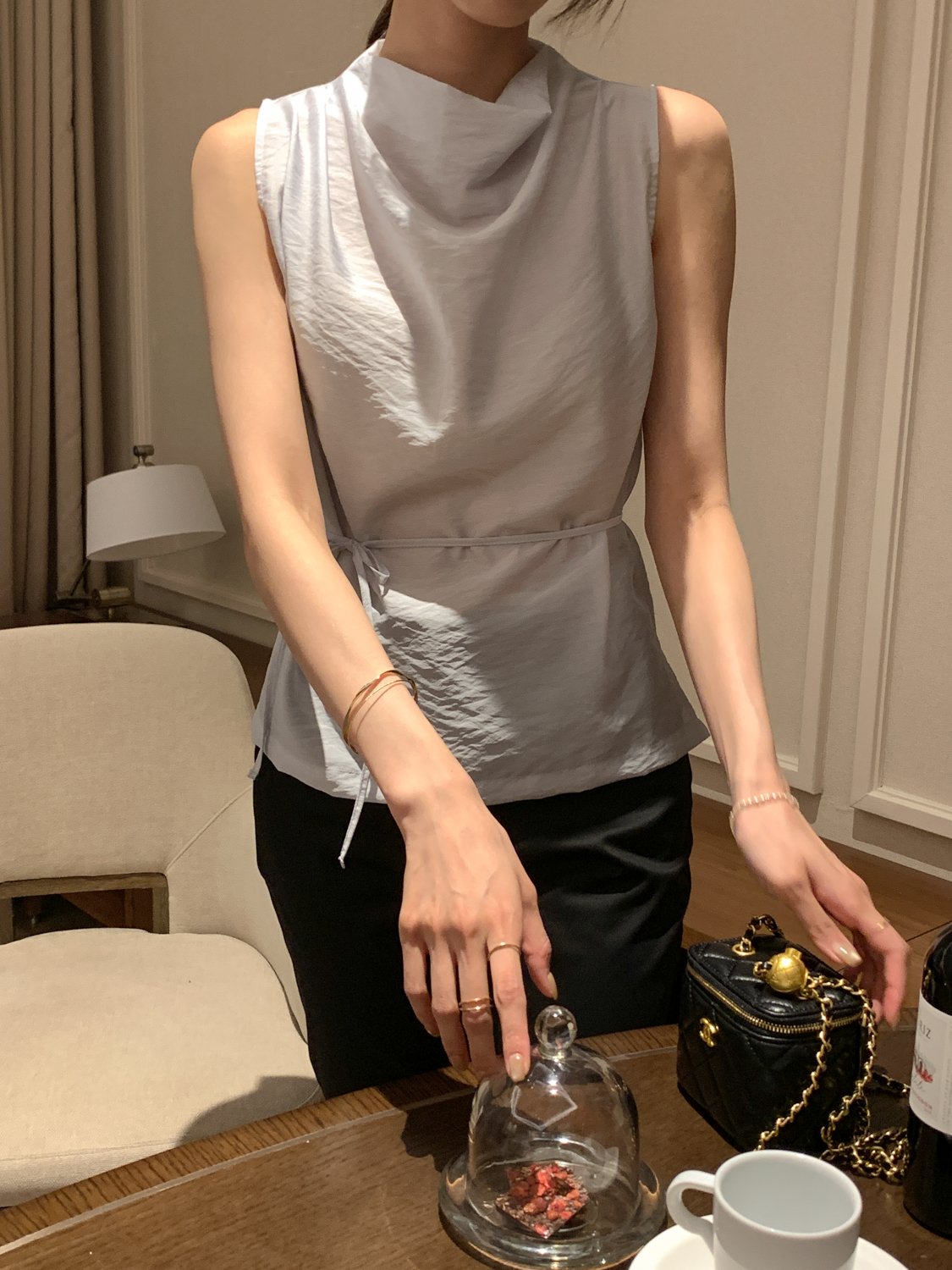 Cowl-Neck Shirring Sleeveless Blouse