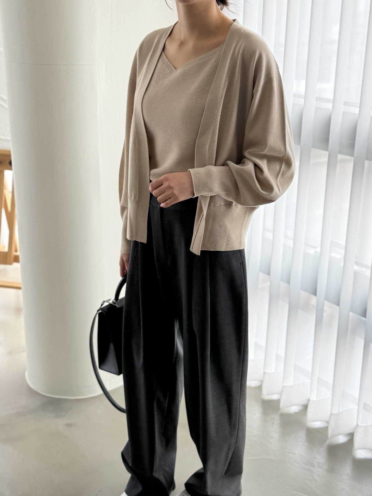 Signature Heart-Neck Cami & Cardigan Set - Beige