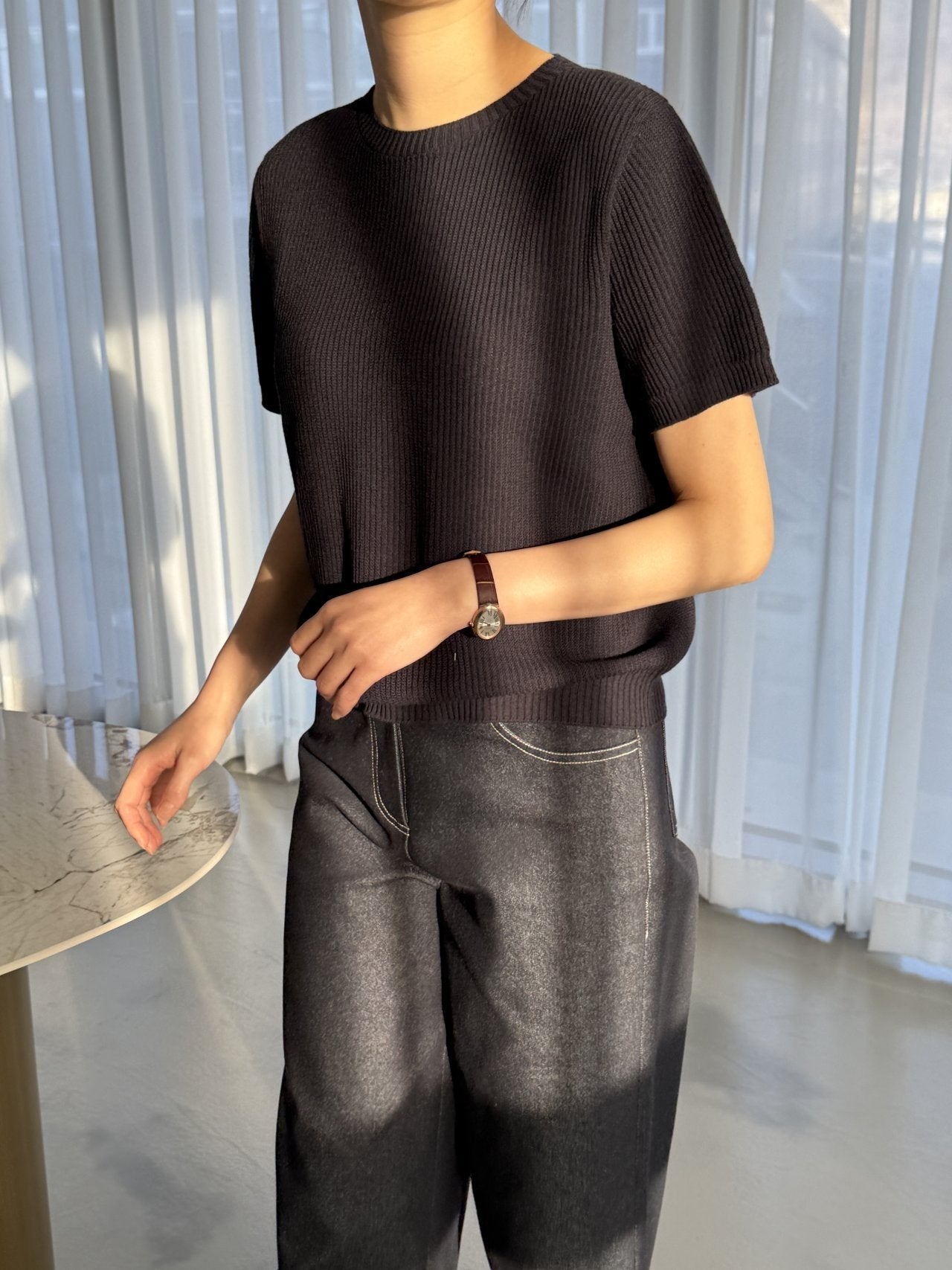 Textured Semi-Crop Knit (Short Sleeve) - Deep Navy