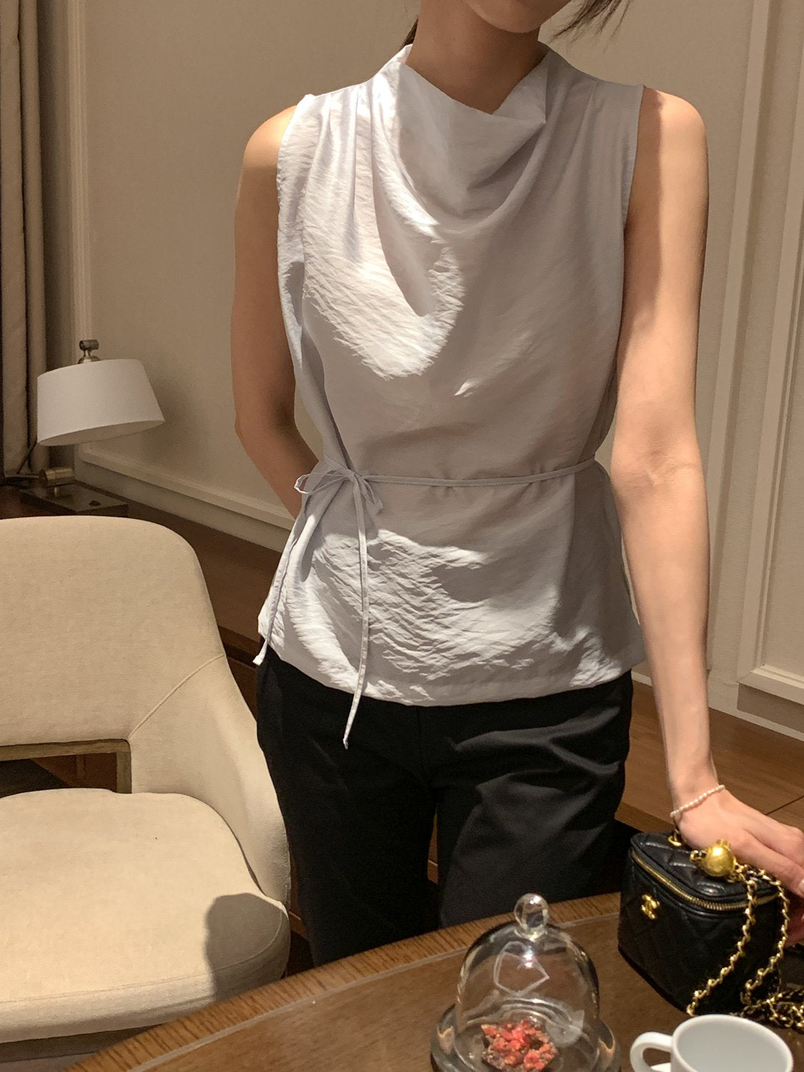 Cowl-Neck Shirring Sleeveless Blouse