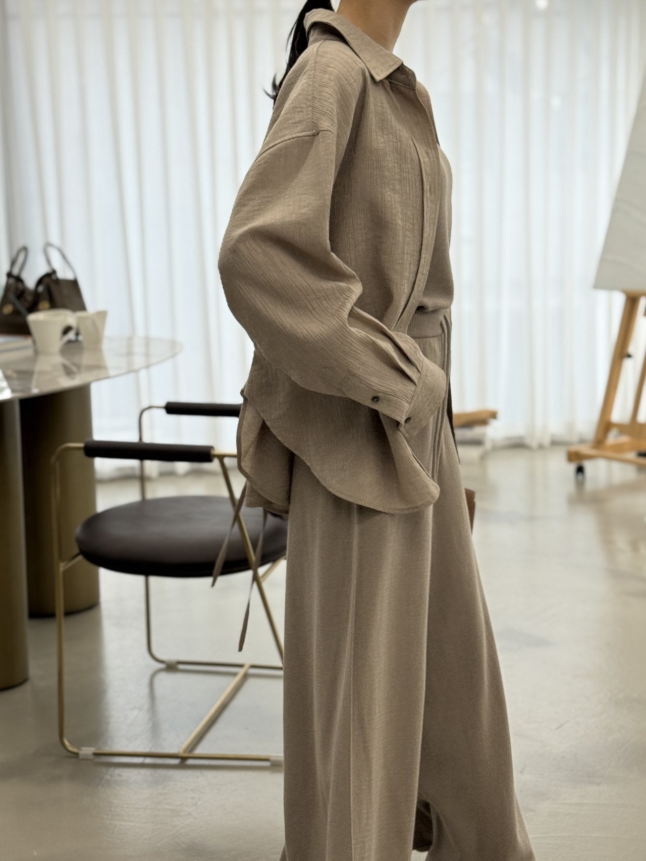 Wool-Tencel Crinkle Belted Overfit Shirt - Mocha Mousse