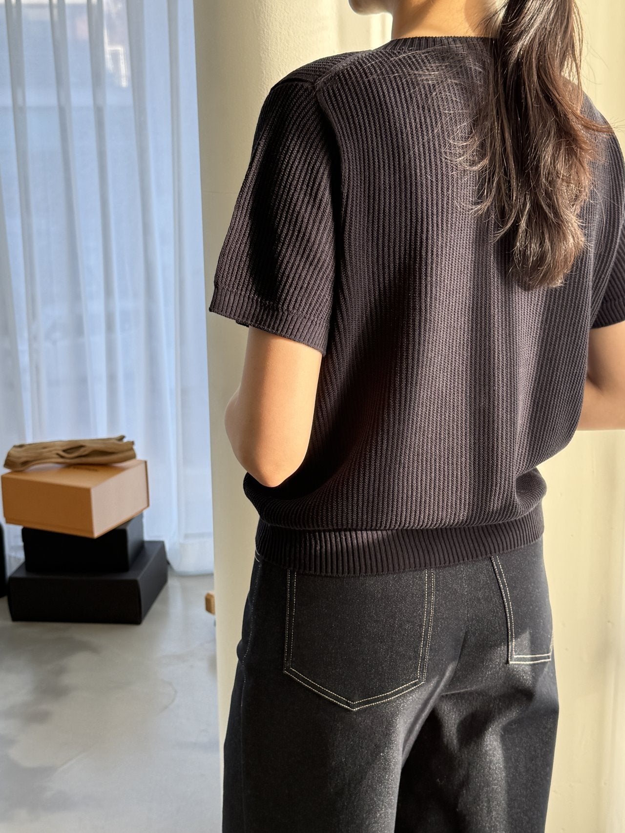 Textured Semi-Crop Knit (Short Sleeve) - Deep Navy