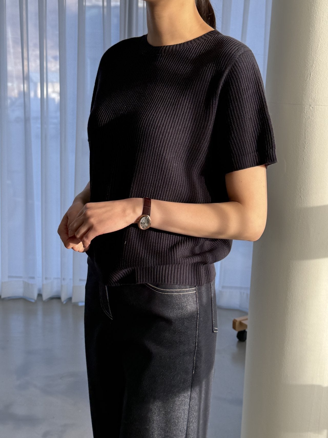 Textured Semi-Crop Knit (Short Sleeve) - Deep Navy