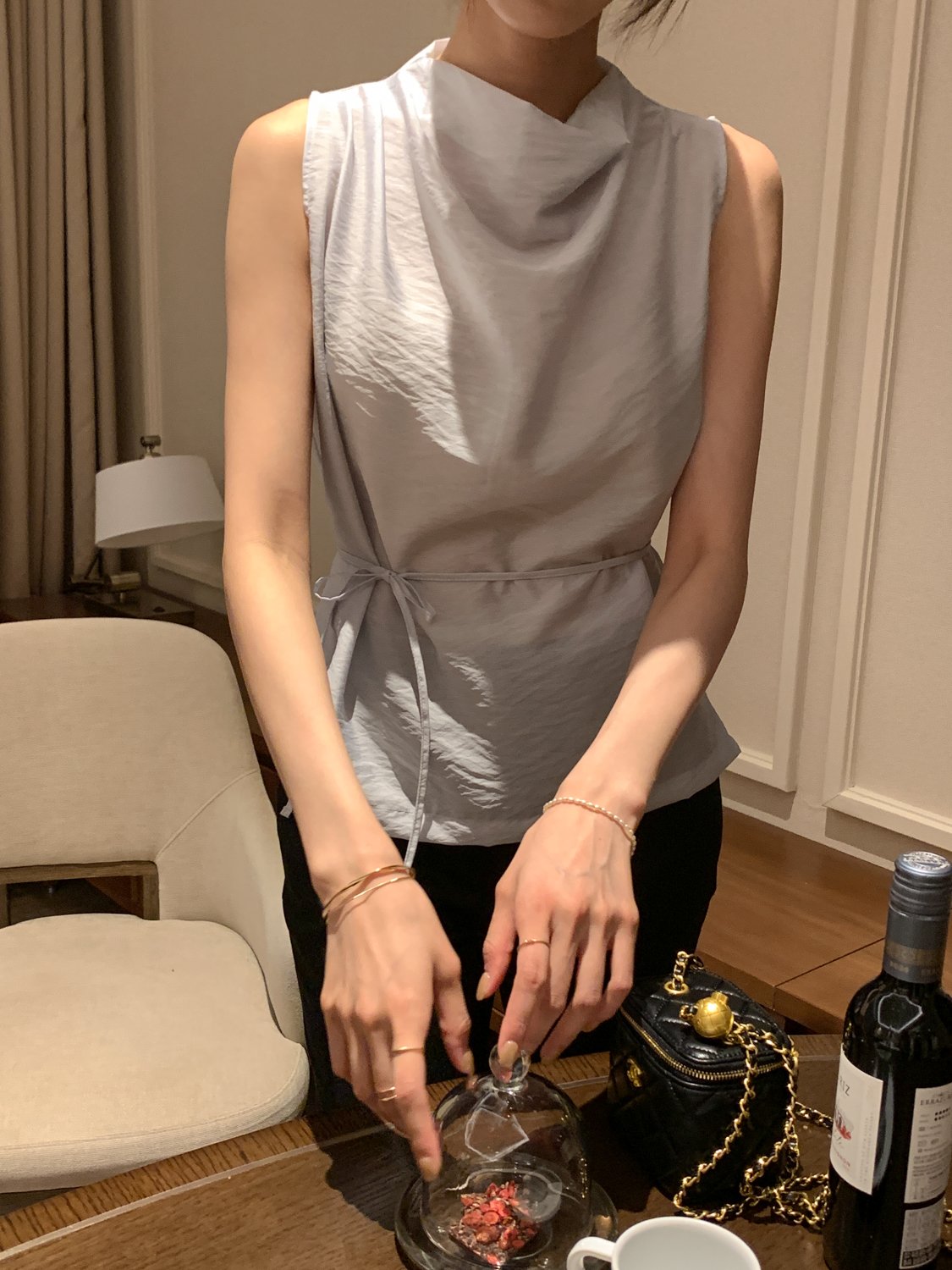 Cowl-Neck Shirring Sleeveless Blouse