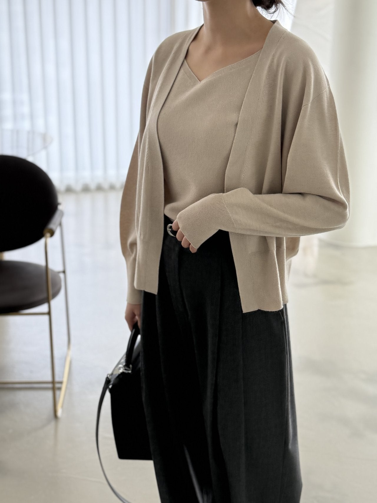 Signature Heart-Neck Cami & Cardigan Set - Beige