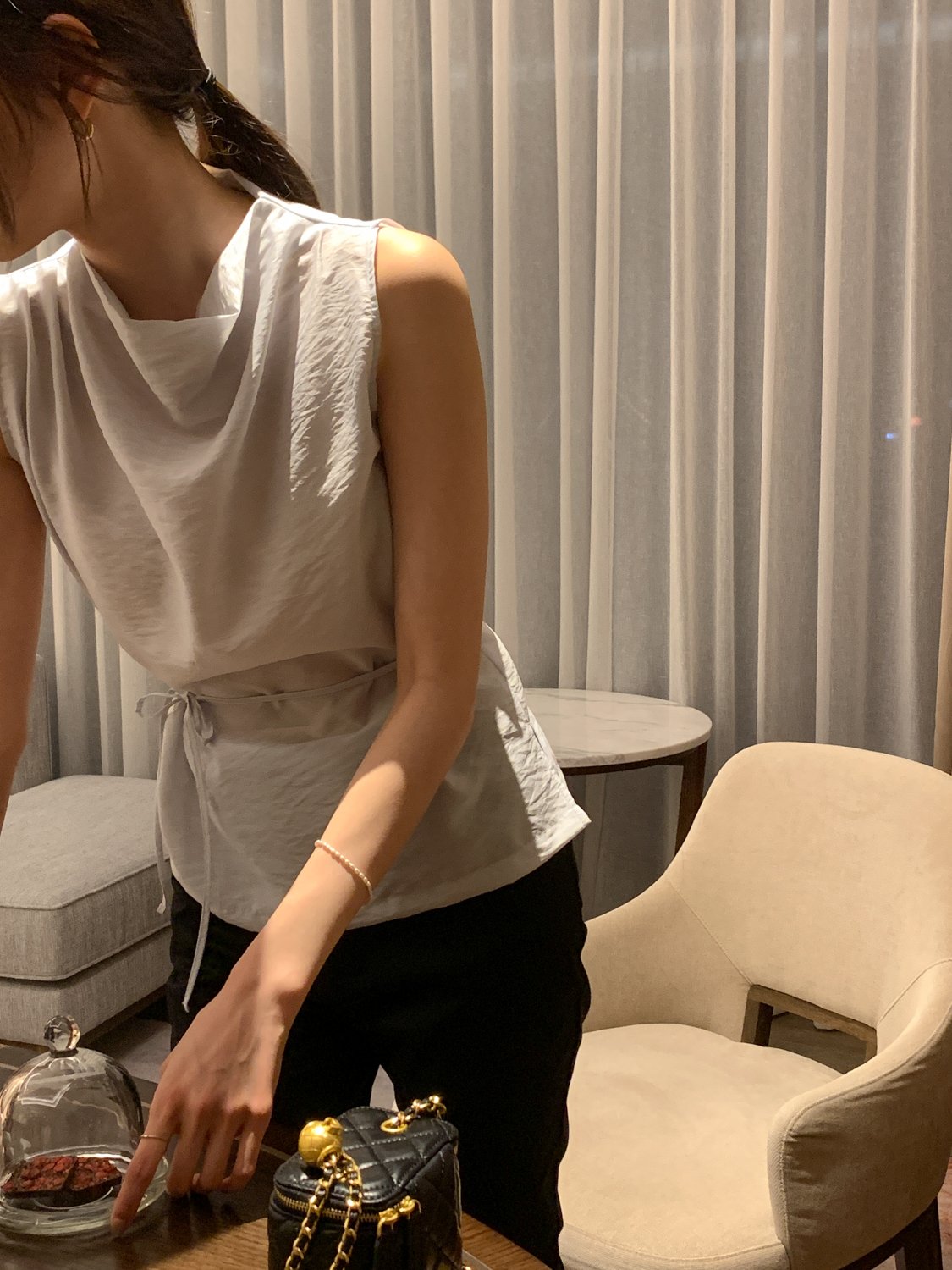 Cowl-Neck Shirring Sleeveless Blouse