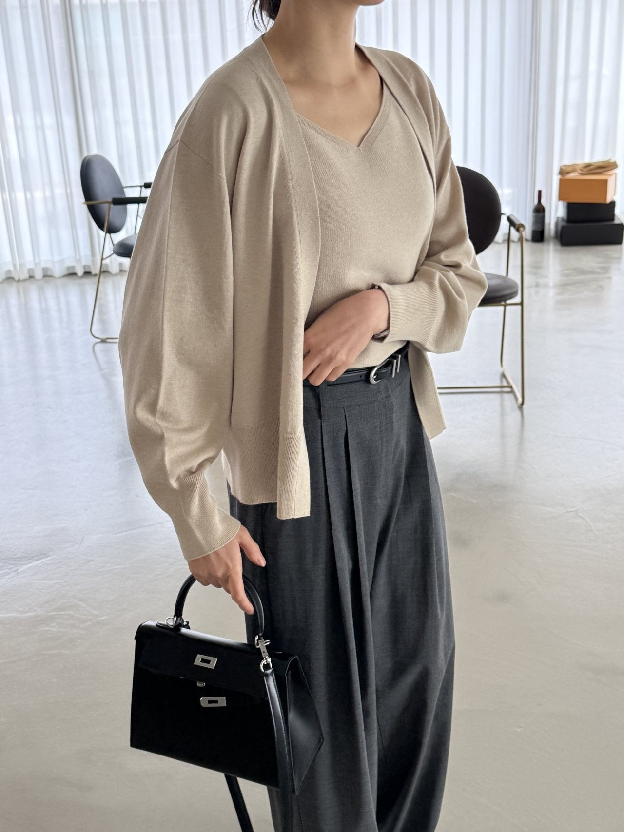 Signature Heart-Neck Cami & Cardigan Set - Beige