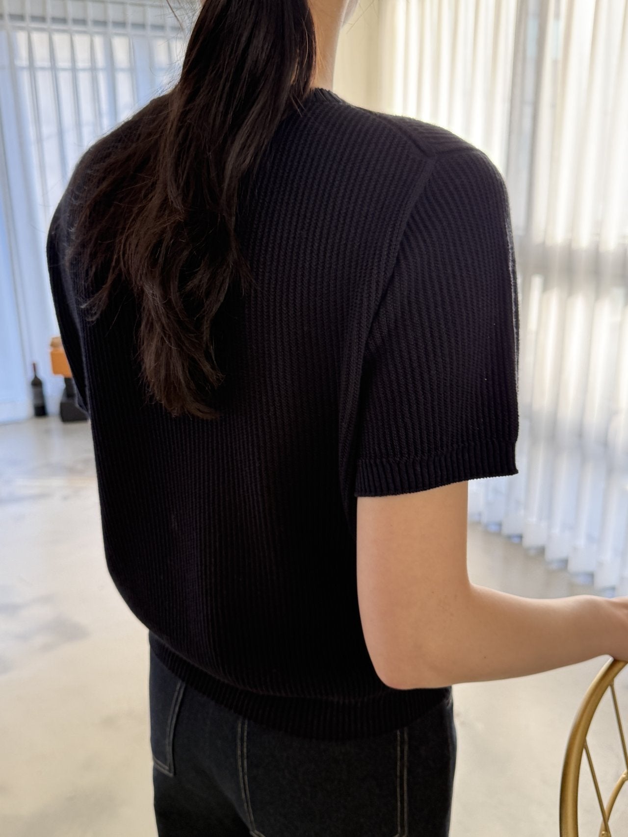 Textured Semi-Crop Knit (Short Sleeve) - Deep Navy