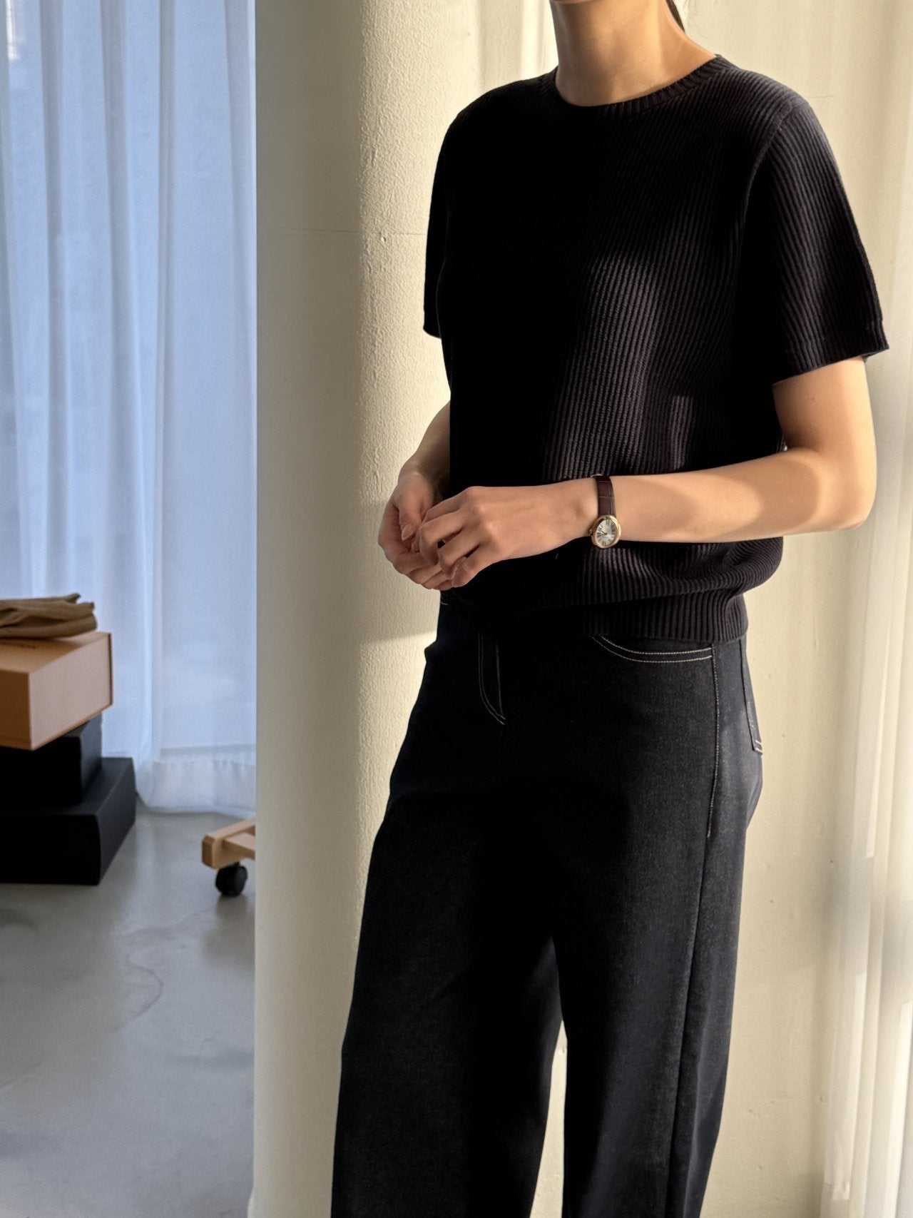 Textured Semi-Crop Knit (Short Sleeve) - Deep Navy