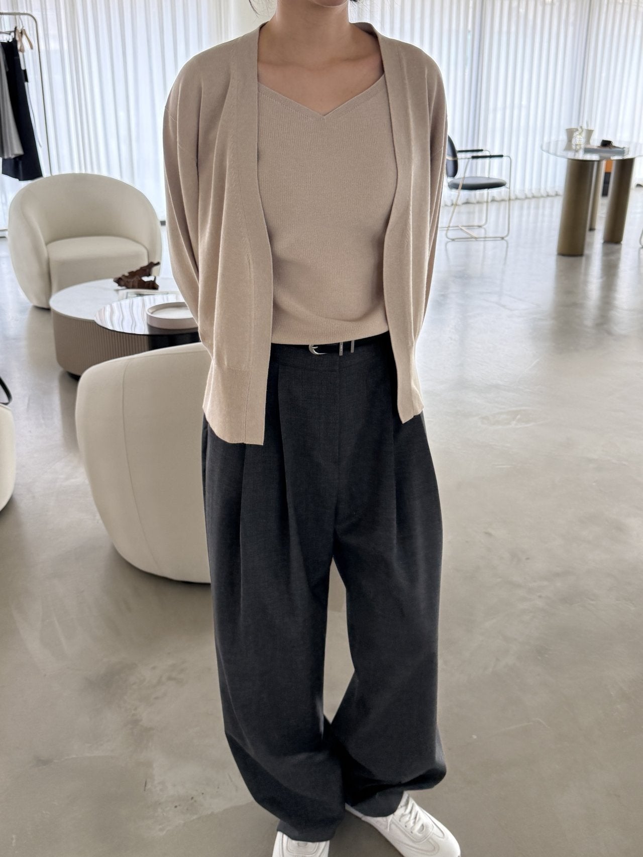 Signature Heart-Neck Cami & Cardigan Set - Beige