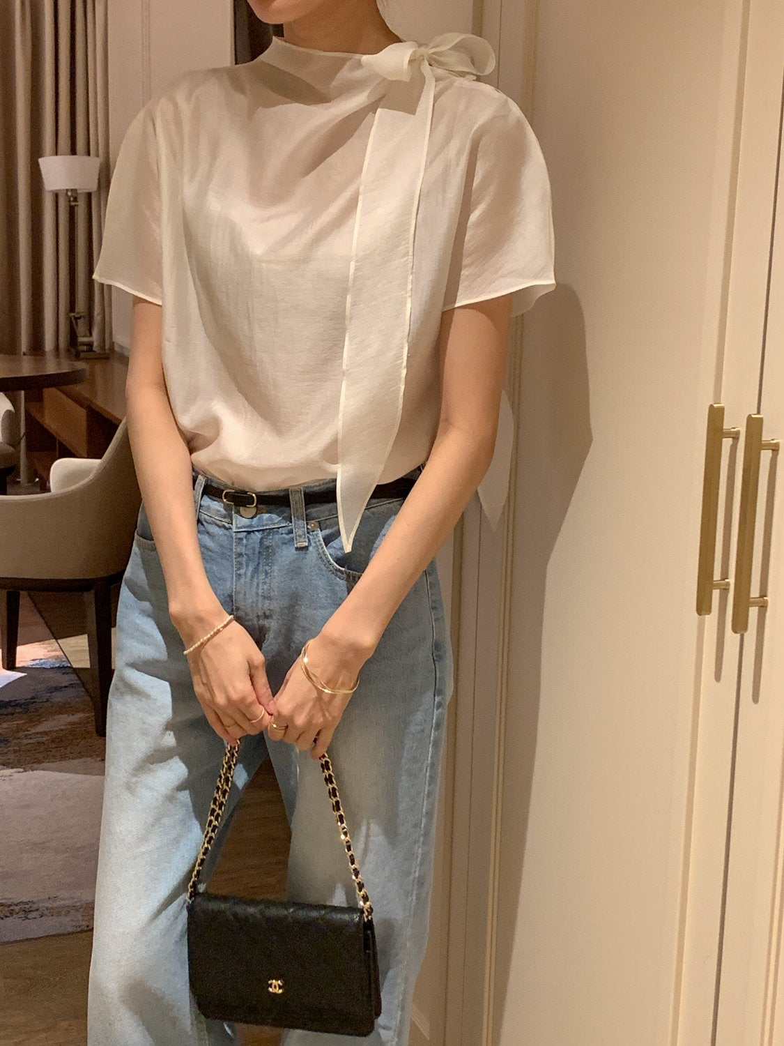 Tie Mock-Neck Blouse