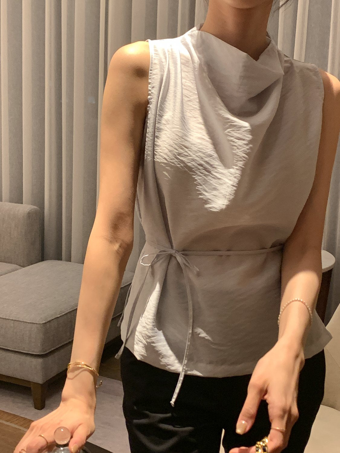 Cowl-Neck Shirring Sleeveless Blouse