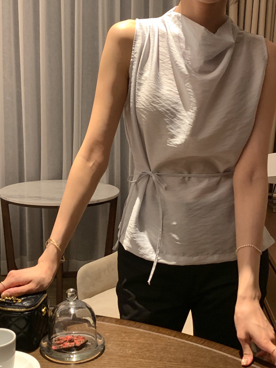 Cowl-Neck Shirring Sleeveless Blouse
