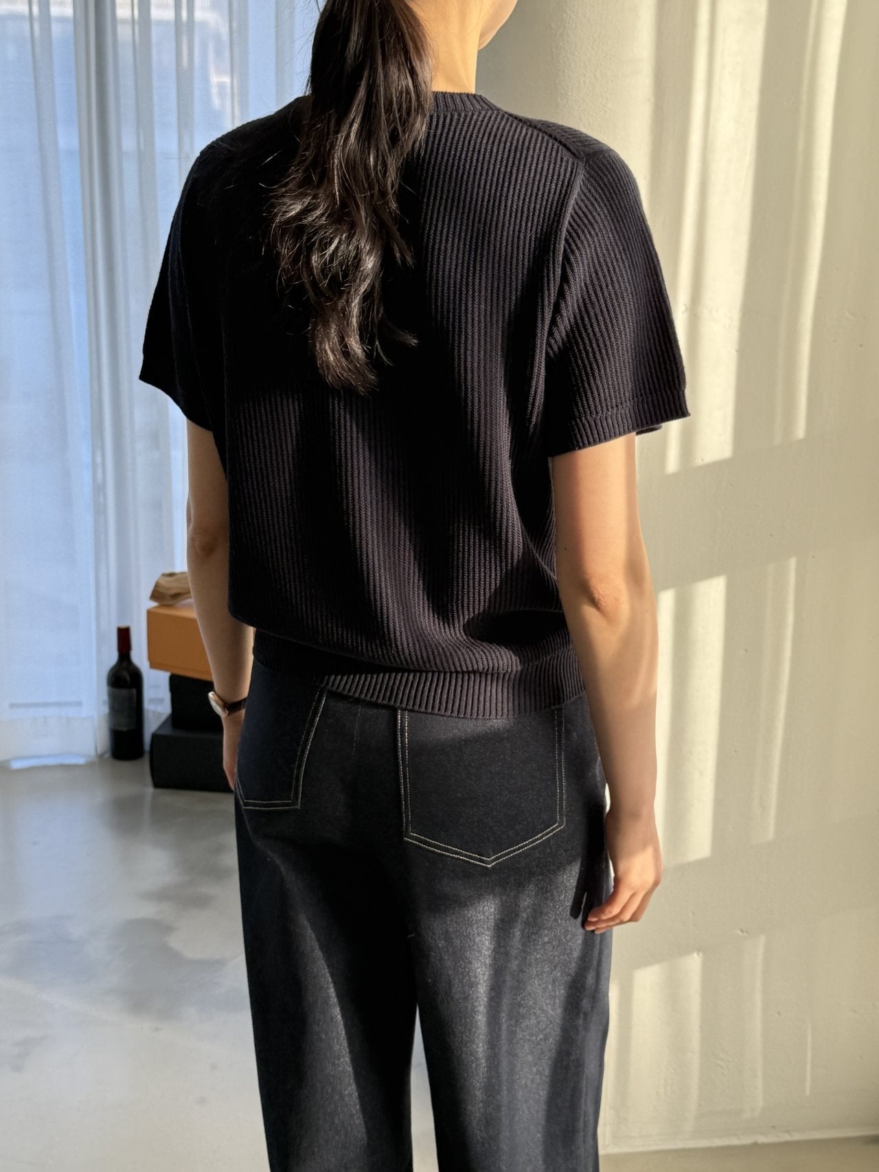 Textured Semi-Crop Knit (Short Sleeve) - Deep Navy