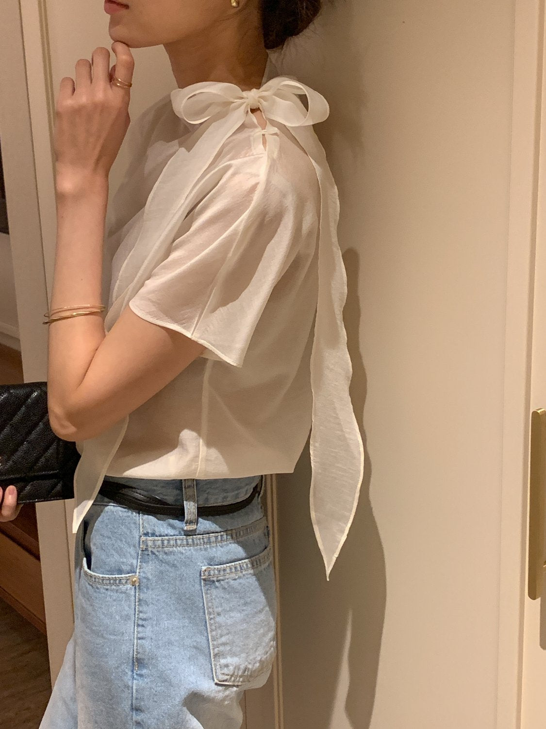 Tie Mock-Neck Blouse