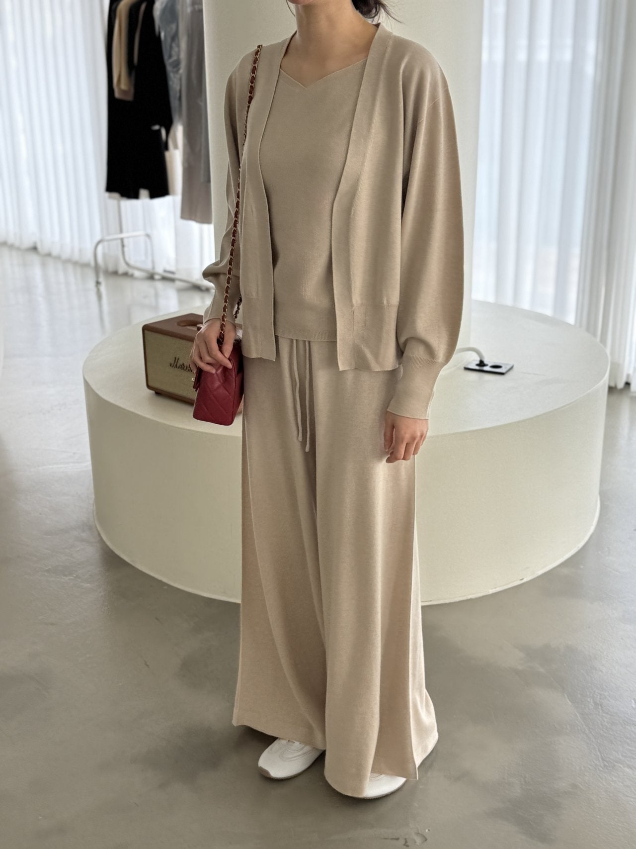 Signature Heart-Neck Cami & Cardigan Set - Beige