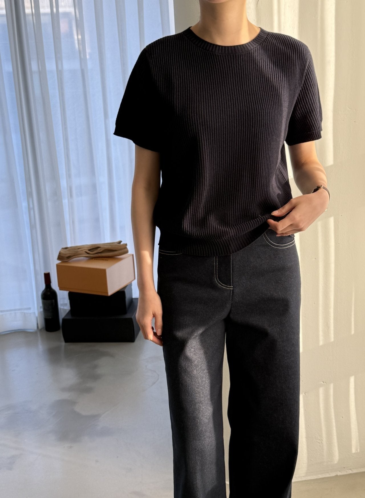 Textured Semi-Crop Knit (Short Sleeve) - Deep Navy