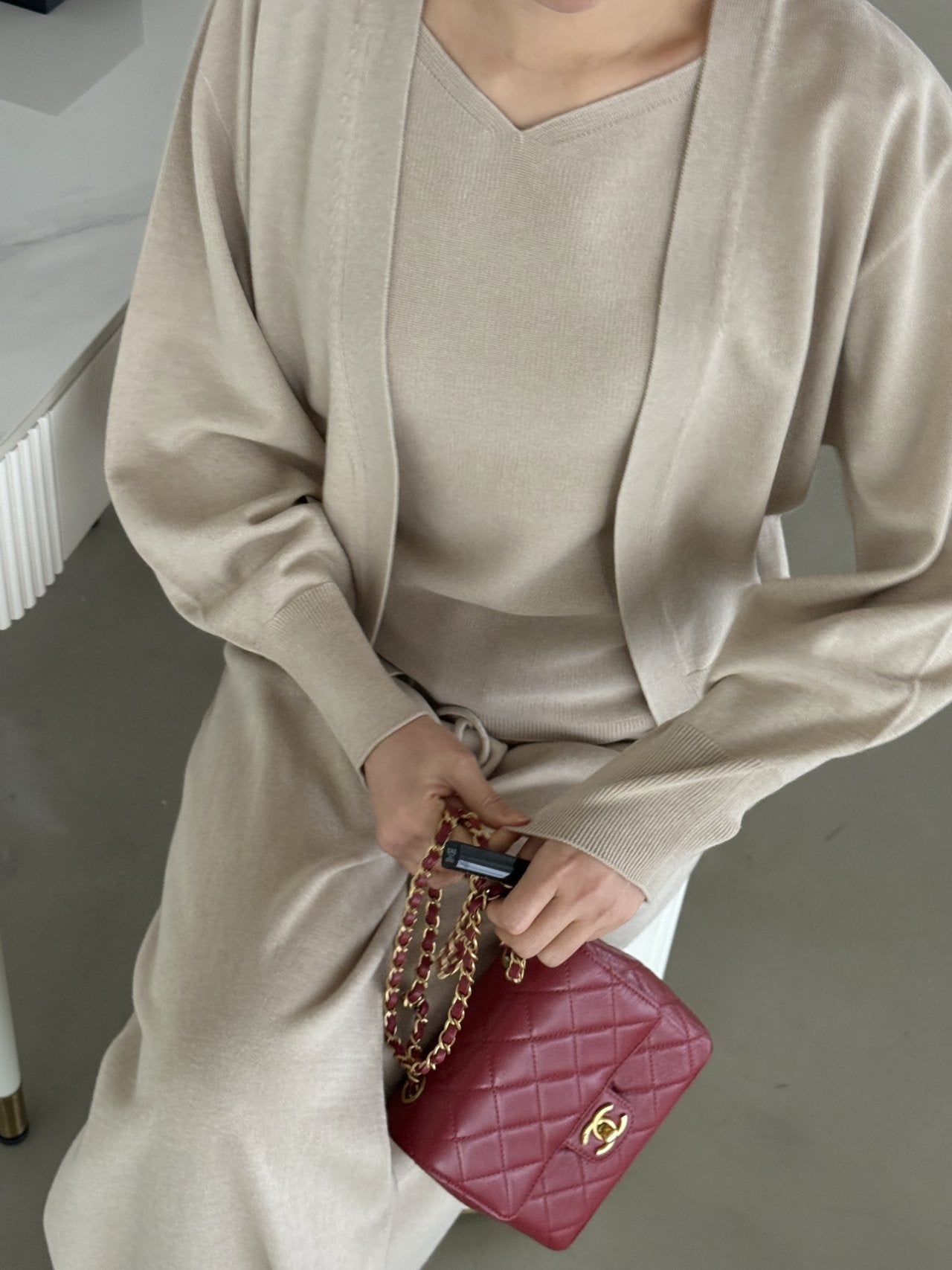 Signature Heart-Neck Cami & Cardigan Set - Beige