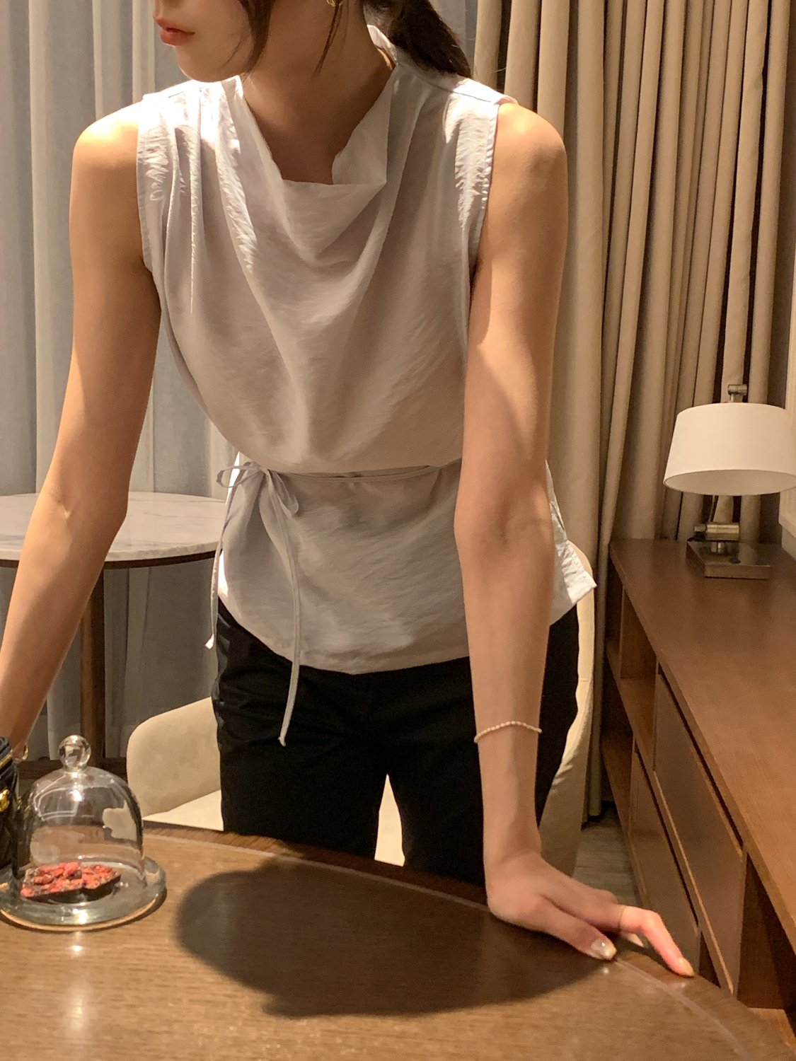 Cowl-Neck Shirring Sleeveless Blouse