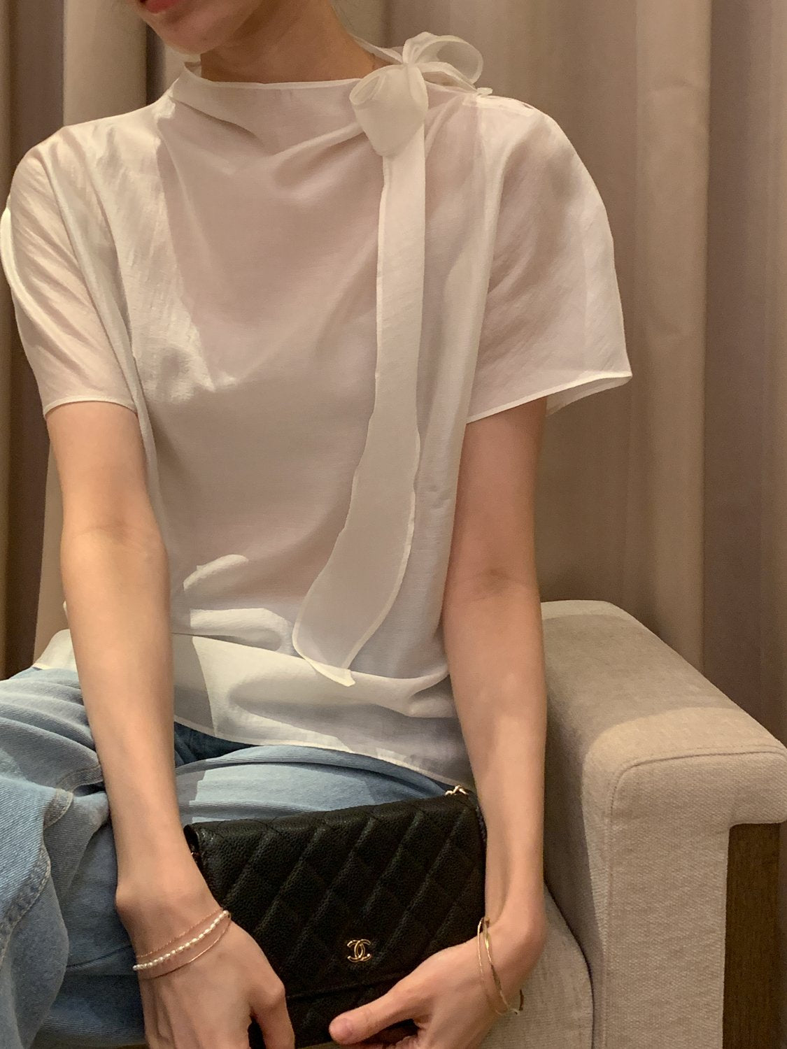 Tie Mock-Neck Blouse